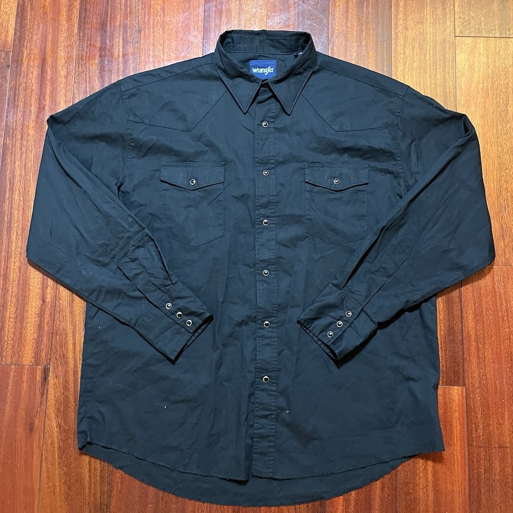 Wrangler Shirt Mens XL Extra Large Solid Black Pearl Snap Double Pockets Western